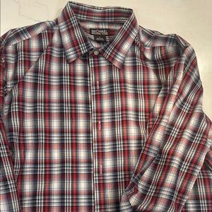 Michael Kors Men’s Red, Blue & White Plaid Button-Down Shirt- Large